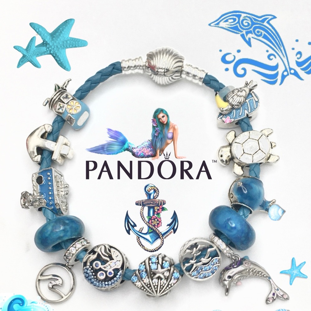 Authentic PANDORA blue rope bracelet w mix 925 charms ‘down deep nautical design